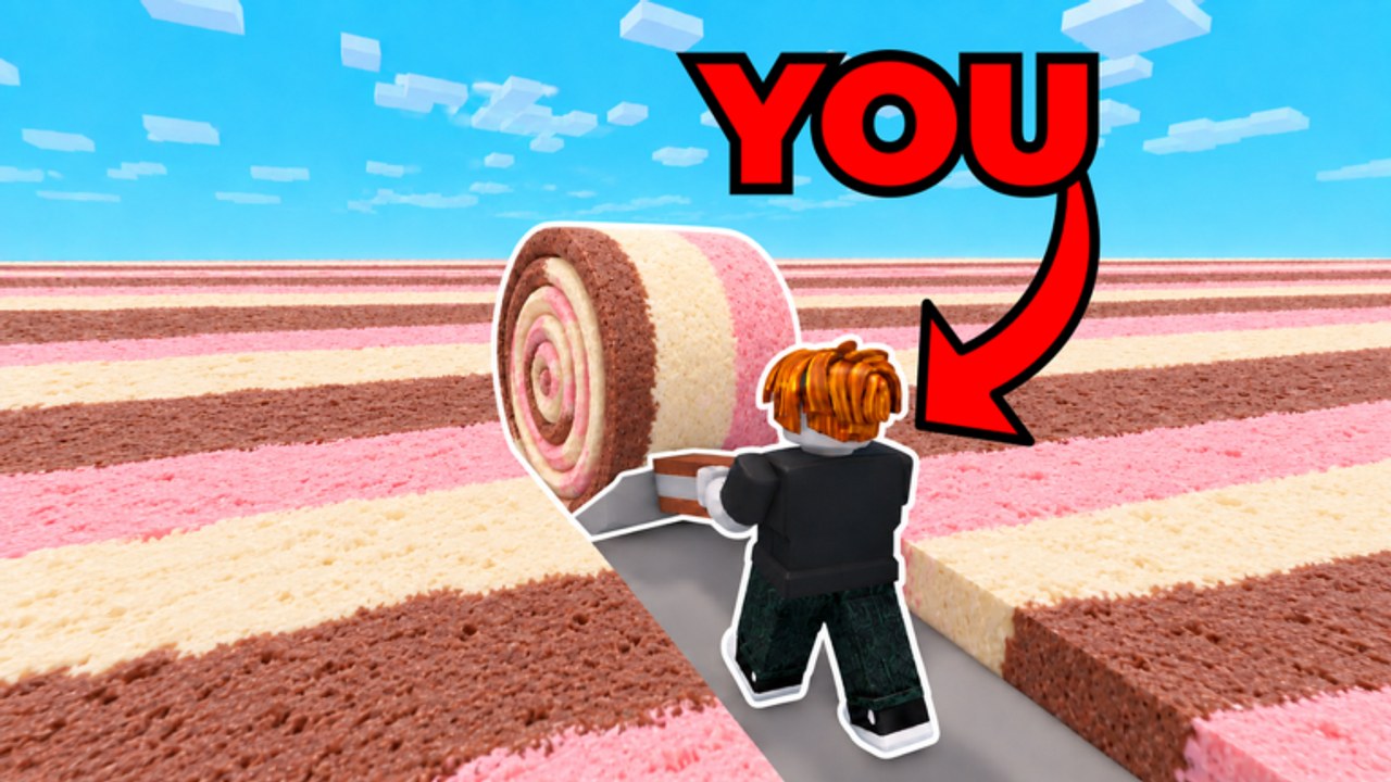 Player rolling a giant ice cream scoop in +1 Roll Ice Cream on Roblox